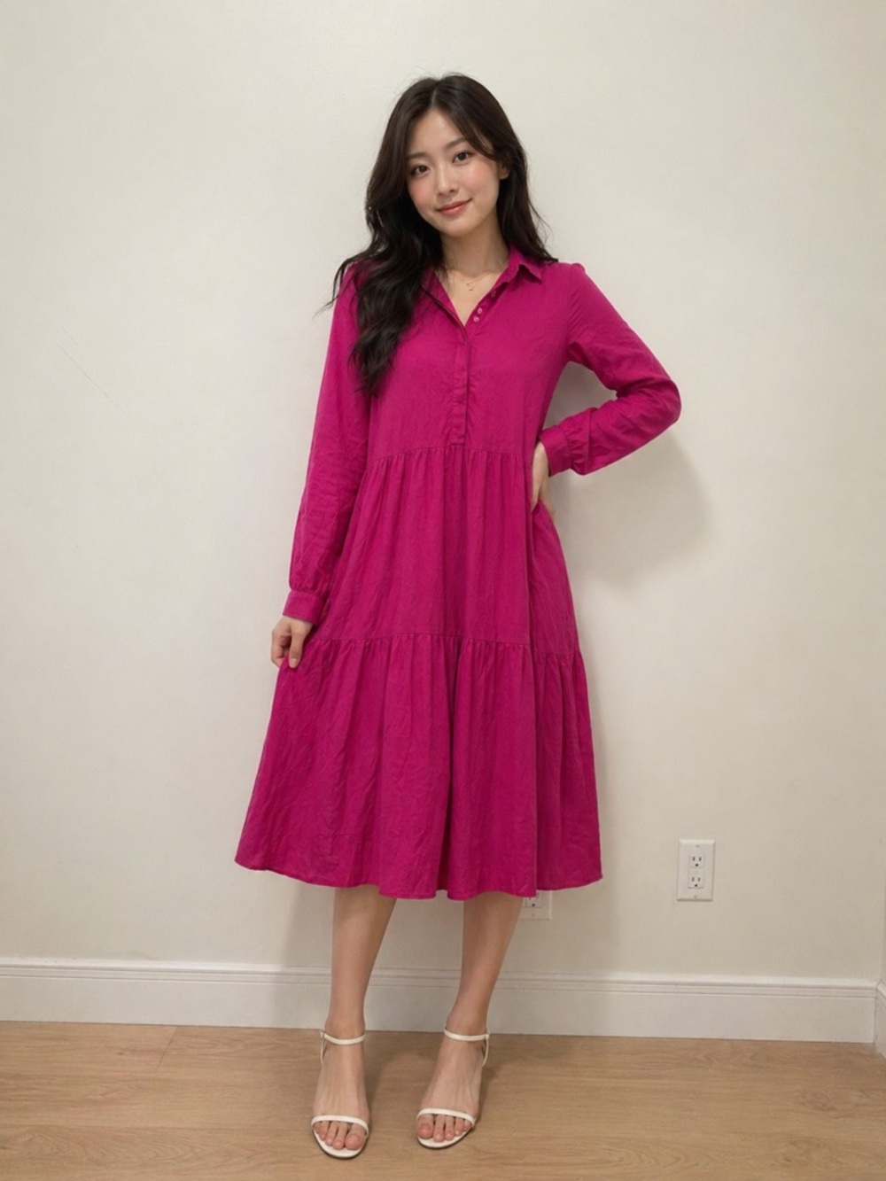 🌸 Amisu Fuchsia Tiered Midi Dress – Long Sleeve Button Front
